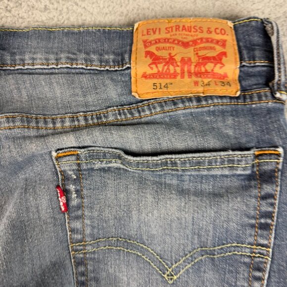 Levis 514 Jeans Mens 34x34 Blue Straight Fit Slim Leg Classic Cotton Distressed - Picture 8 of 9